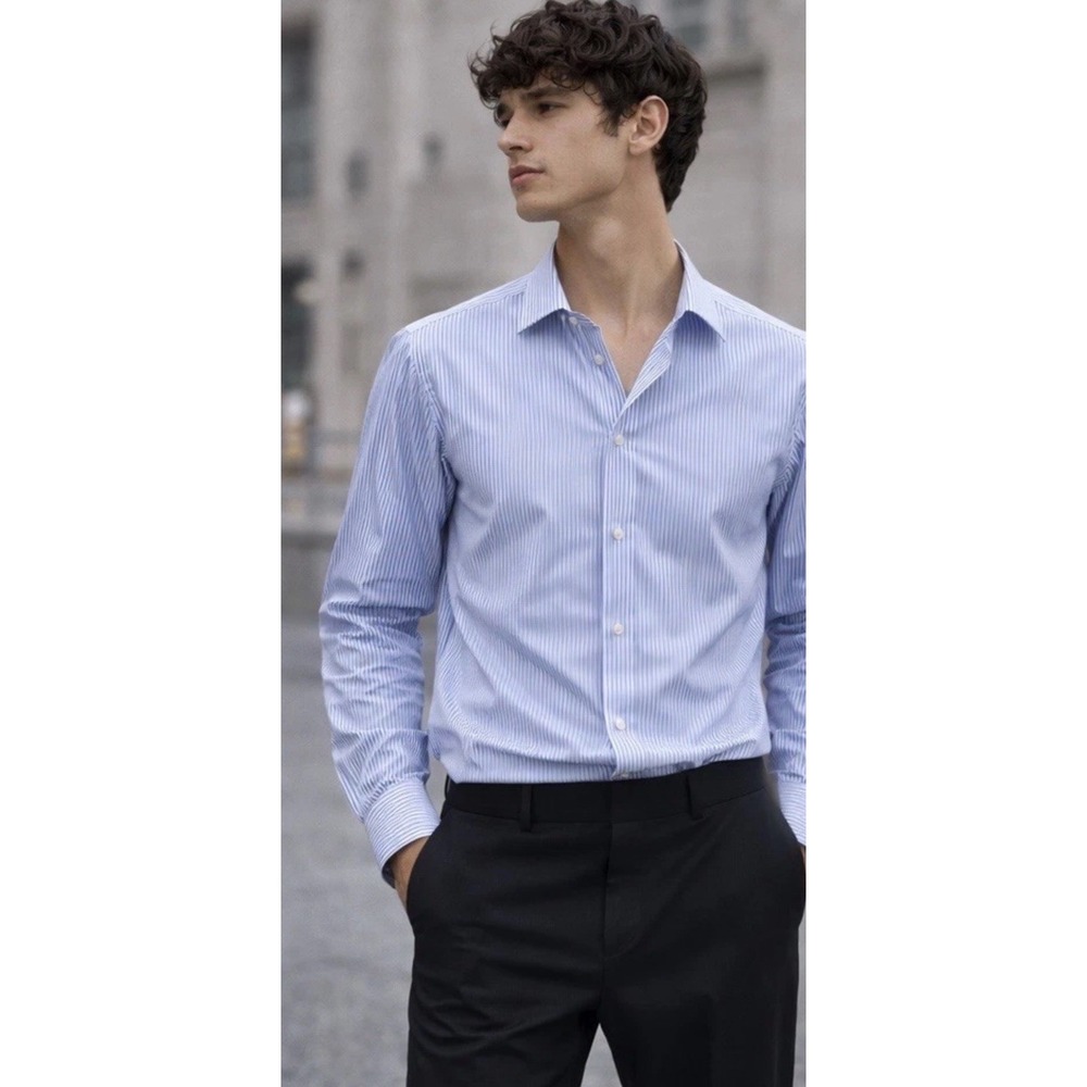 NWT Bloomingdale Michael Kors Slim Fit Blue White Striped Shirt Size L MSRP $148